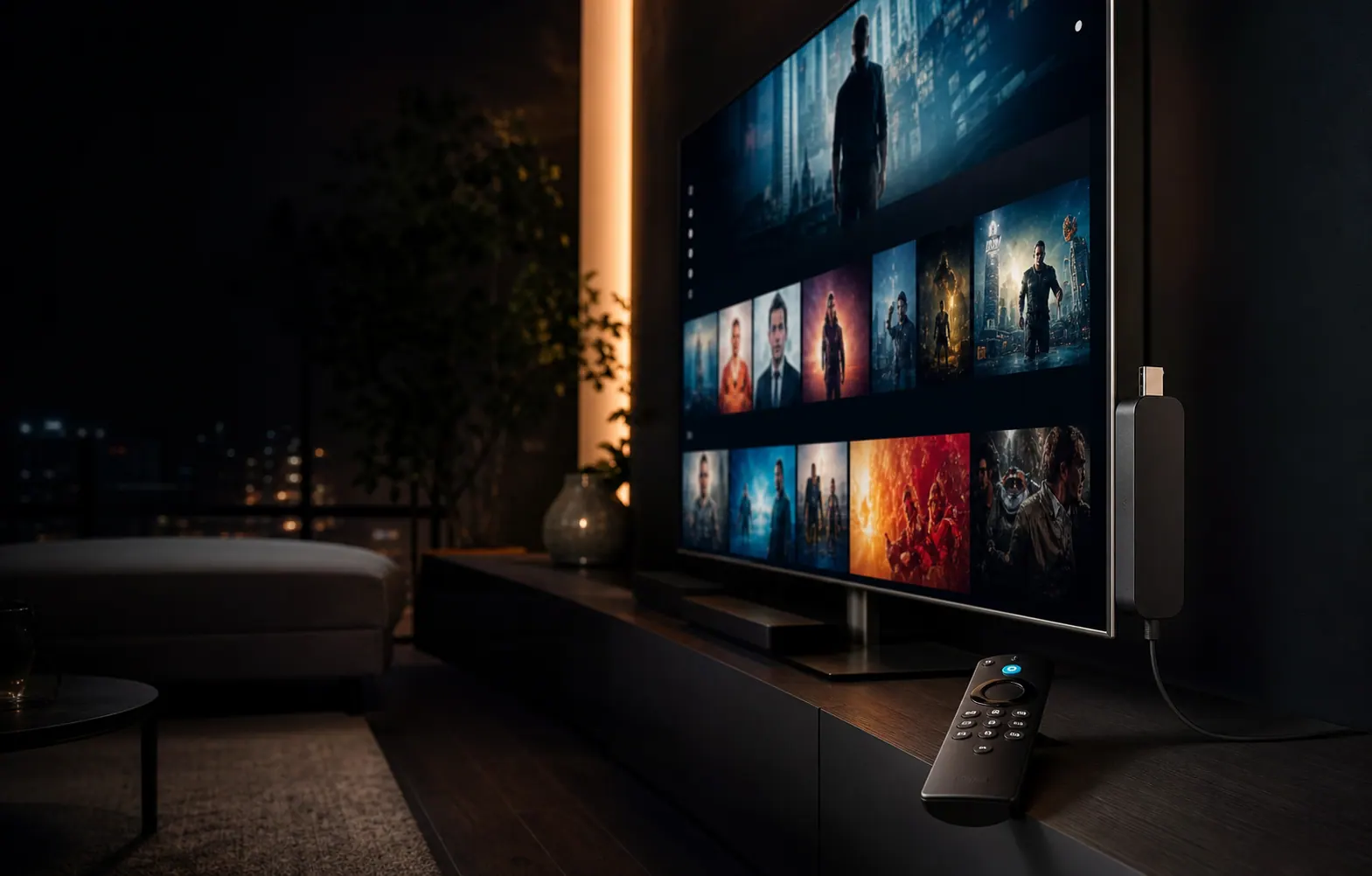 Fire TV Stick connected to a television in a dark living room streaming setup